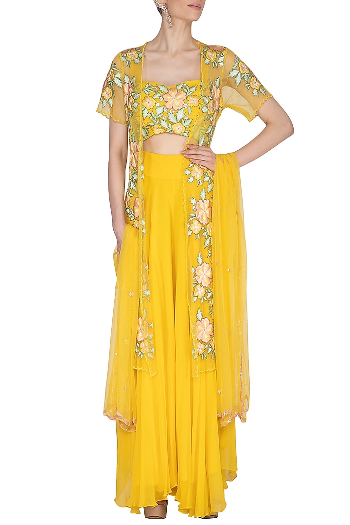 Yellow Embroidered Blouse With Palazzo Pants & Jacket by Ank By Amrit Kaur at Pernia's Pop Up Shop