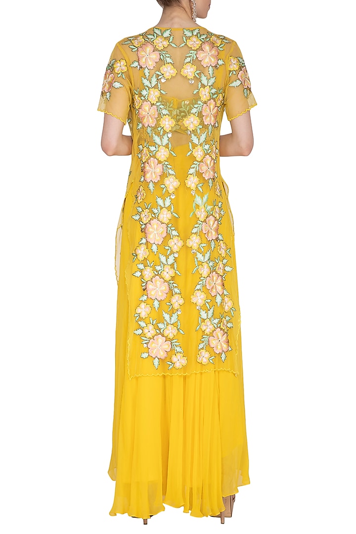 Yellow Embroidered Blouse With Palazzo Pants & Jacket by Ank By Amrit Kaur at Pernia's Pop Up Shop