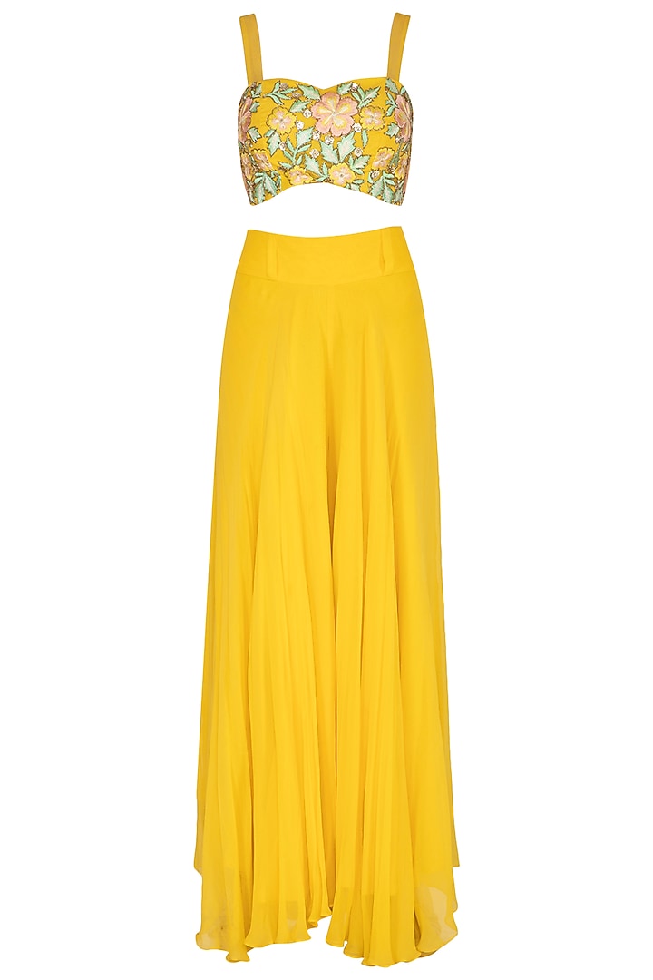 Yellow Embroidered Blouse With Palazzo Pants & Jacket by Ank By Amrit Kaur at Pernia's Pop Up Shop