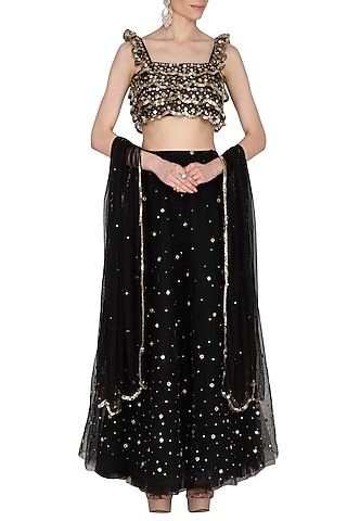 Black Embroidered Ruffled Lehenga Set by Ank By Amrit Kaur
