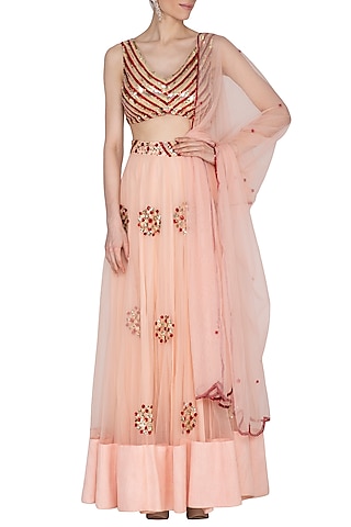Peach Embroidered Lehenga Set by Ank By Amrit Kaur