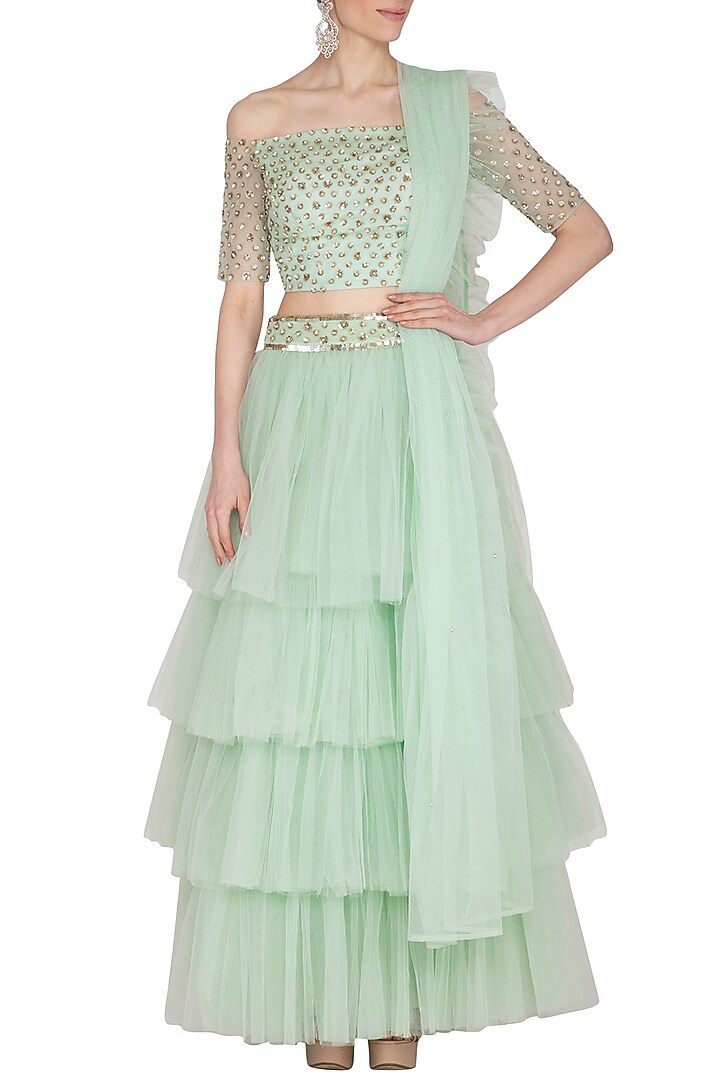 Mint Green Embellished Wedding Lehenga Set by Ank By Amrit Kaur at Pernia's Pop Up Shop