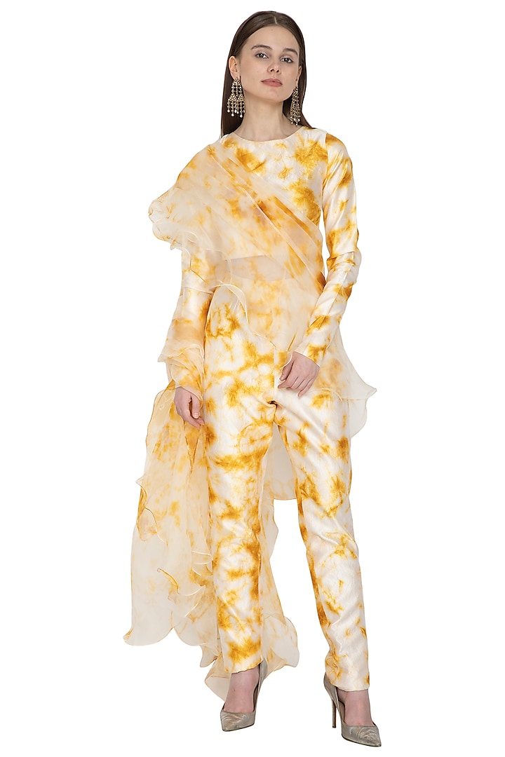 White & Yellow Tie-Dye Pant Saree Set by Ank By Amrit Kaur