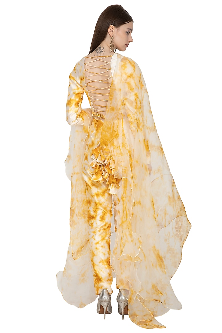 White & Yellow Tie-Dye Pant Party Wear Saree Set by Ank By Amrit Kaur at Pernia's Pop Up Shop