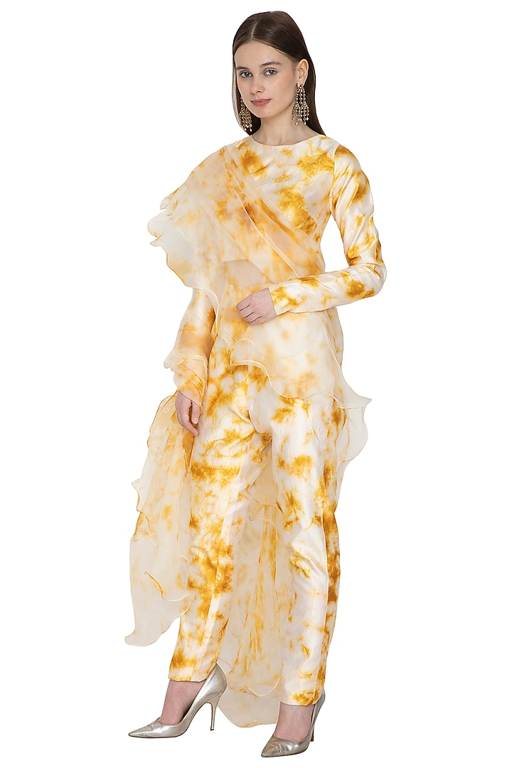 White & Yellow Tie-Dye Pant Party Wear Saree Set by Ank By Amrit Kaur at Pernia's Pop Up Shop