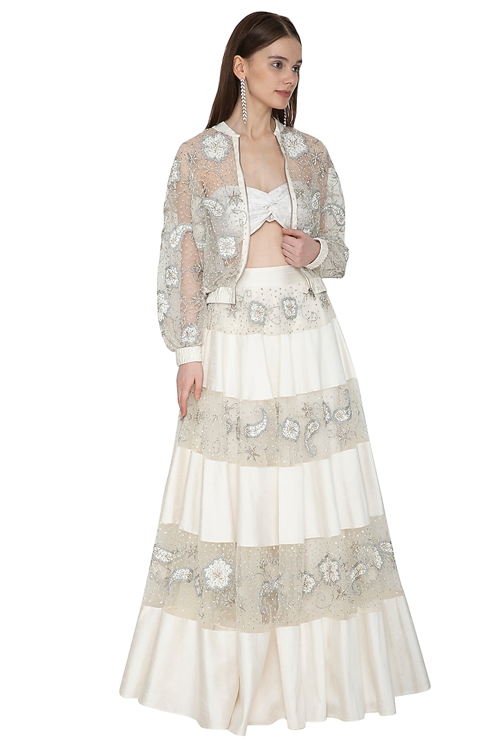 Off White Embroidered Top With Skirt & Bomber Jacket by Ank By Amrit Kaur