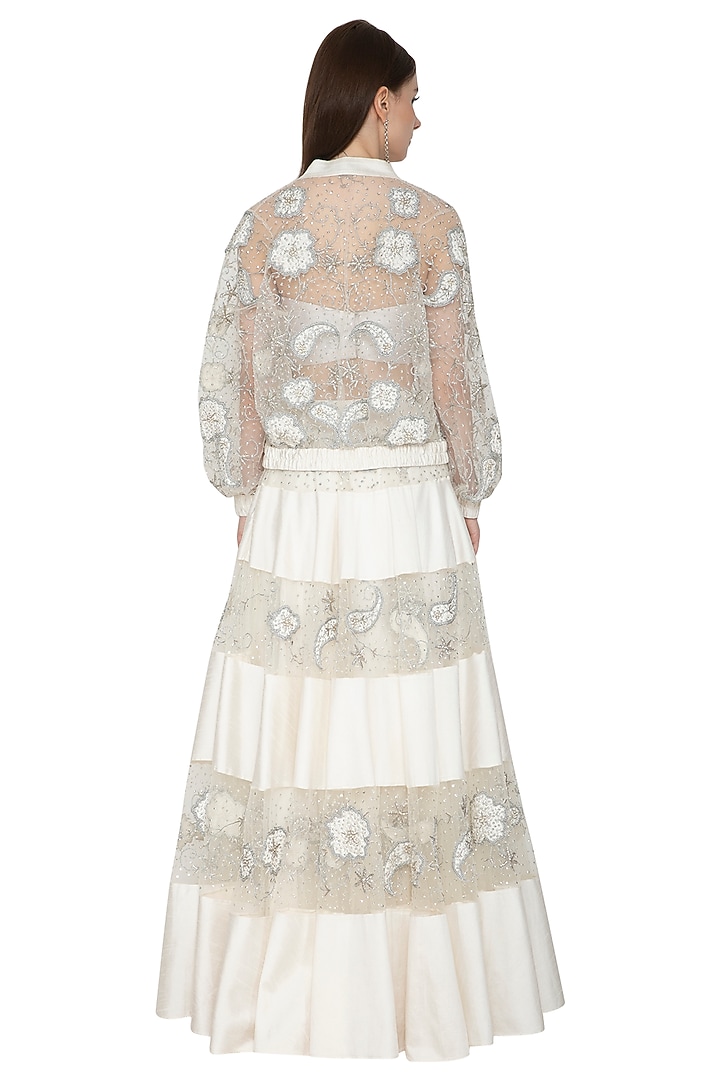 Off White Embroidered Top With Skirt & Bomber Jacket by Ank By Amrit Kaur at Pernia's Pop Up Shop
