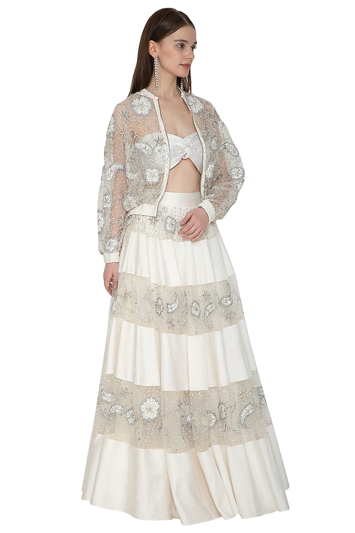 Off White Embroidered Top With Skirt & Bomber Jacket by Ank By Amrit Kaur at Pernia's Pop Up Shop