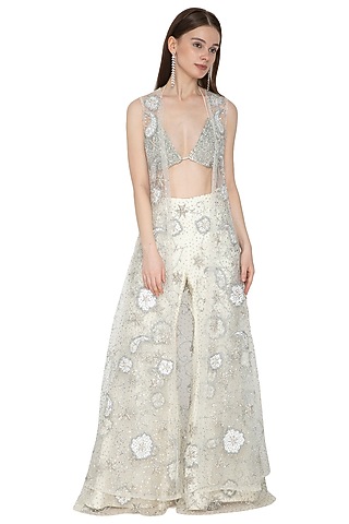Off White Embroidered Bikini Blouse With Flared Pants & Cape by Ank By Amrit Kaur