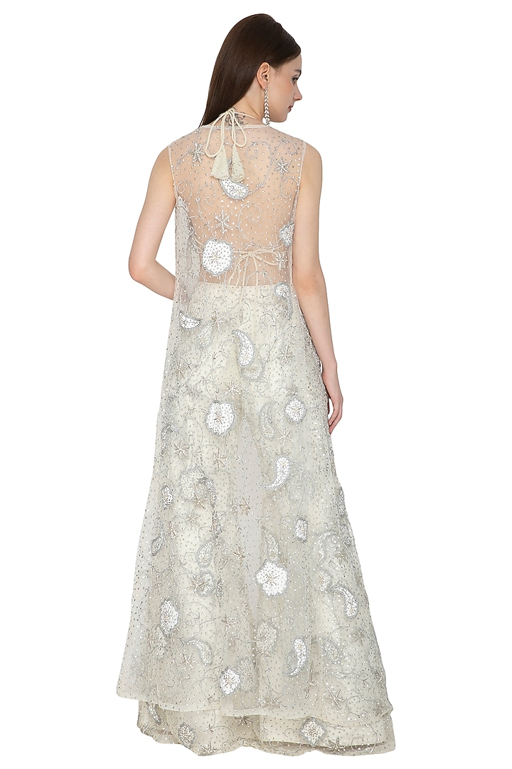 Off White Embroidered Bikini Blouse With Flared Pants & Cape by Ank By Amrit Kaur at Pernia's Pop Up Shop