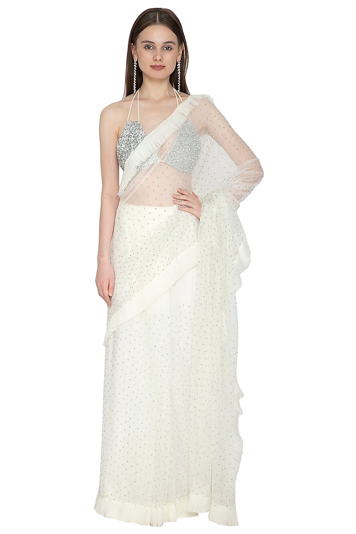 White & Silver Embellished Saree Set by Ank By Amrit Kaur