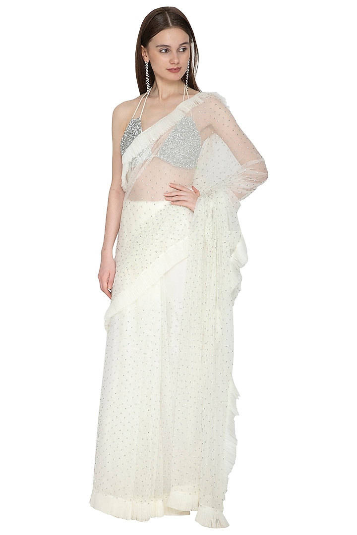 White & Silver Embellished Wedding Saree Set by Ank By Amrit Kaur at Pernia's Pop Up Shop