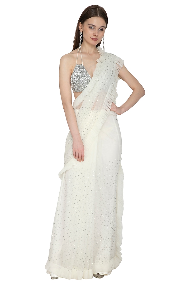 White & Silver Embellished Wedding Saree Set by Ank By Amrit Kaur at Pernia's Pop Up Shop