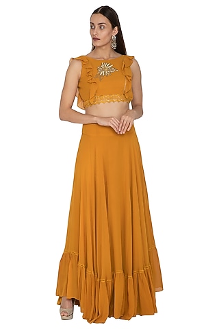 Mustard Embroidered Ruffled Blouse & Skirt by Ank By Amrit Kaur