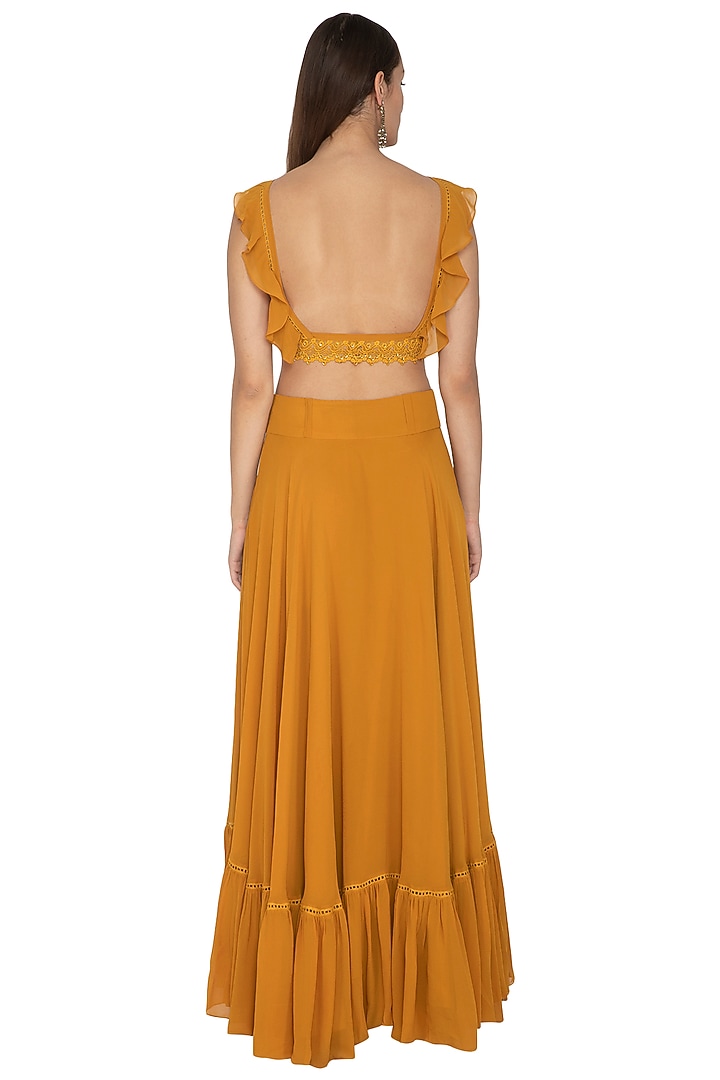 Mustard Embroidered Ruffled Blouse & Skirt by Ank By Amrit Kaur at Pernia's Pop Up Shop