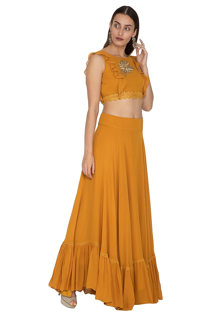 Mustard Embroidered Ruffled Blouse & Skirt by Ank By Amrit Kaur at Pernia's Pop Up Shop