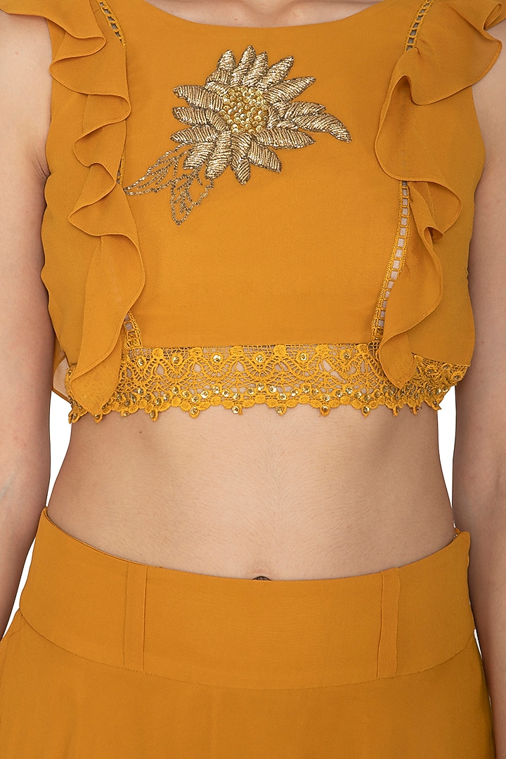 Mustard Embroidered Ruffled Blouse & Skirt by Ank By Amrit Kaur at Pernia's Pop Up Shop
