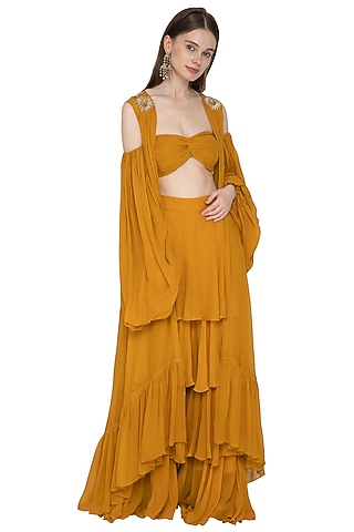 Mustard Embroidered Bustier & Palazzo Set by Ank By Amrit Kaur