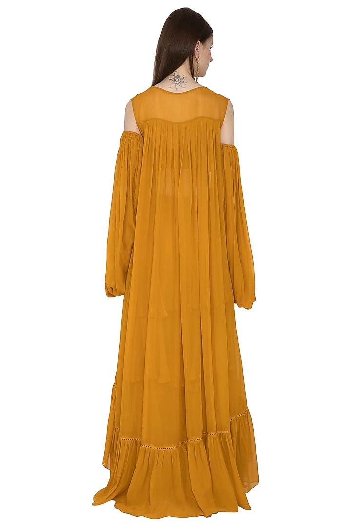 Mustard Embroidered Bustier & Palazzo Set by Ank By Amrit Kaur at Pernia's Pop Up Shop