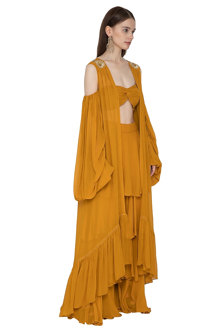 Mustard Embroidered Bustier & Palazzo Set by Ank By Amrit Kaur at Pernia's Pop Up Shop
