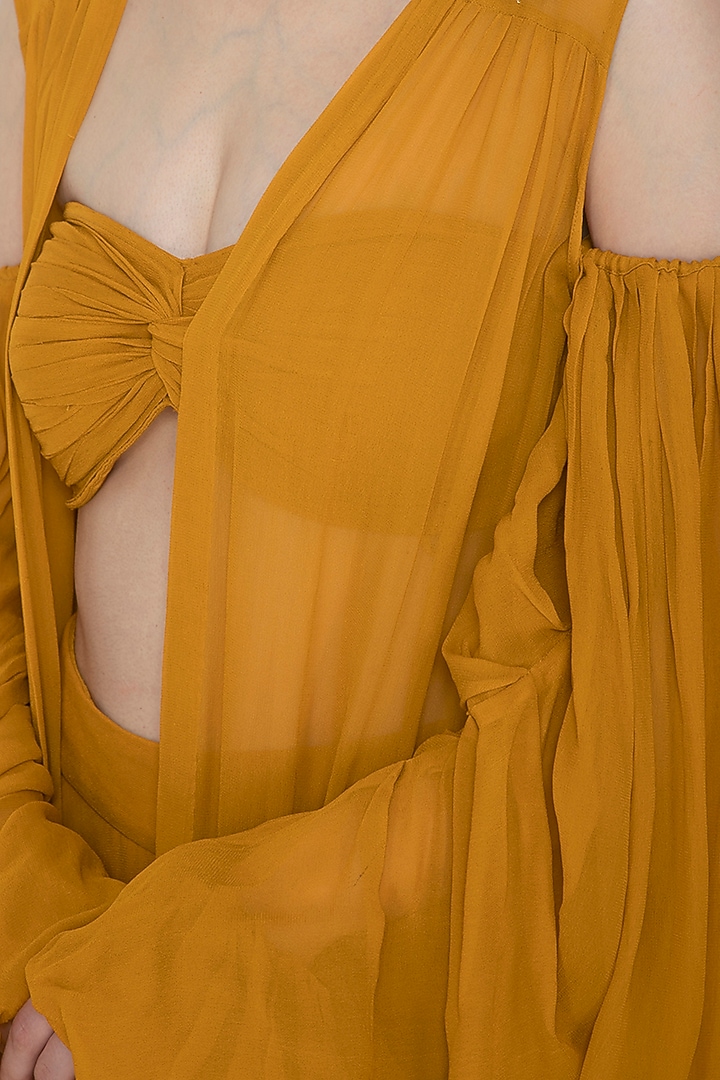 Mustard Embroidered Bustier & Palazzo Set by Ank By Amrit Kaur at Pernia's Pop Up Shop