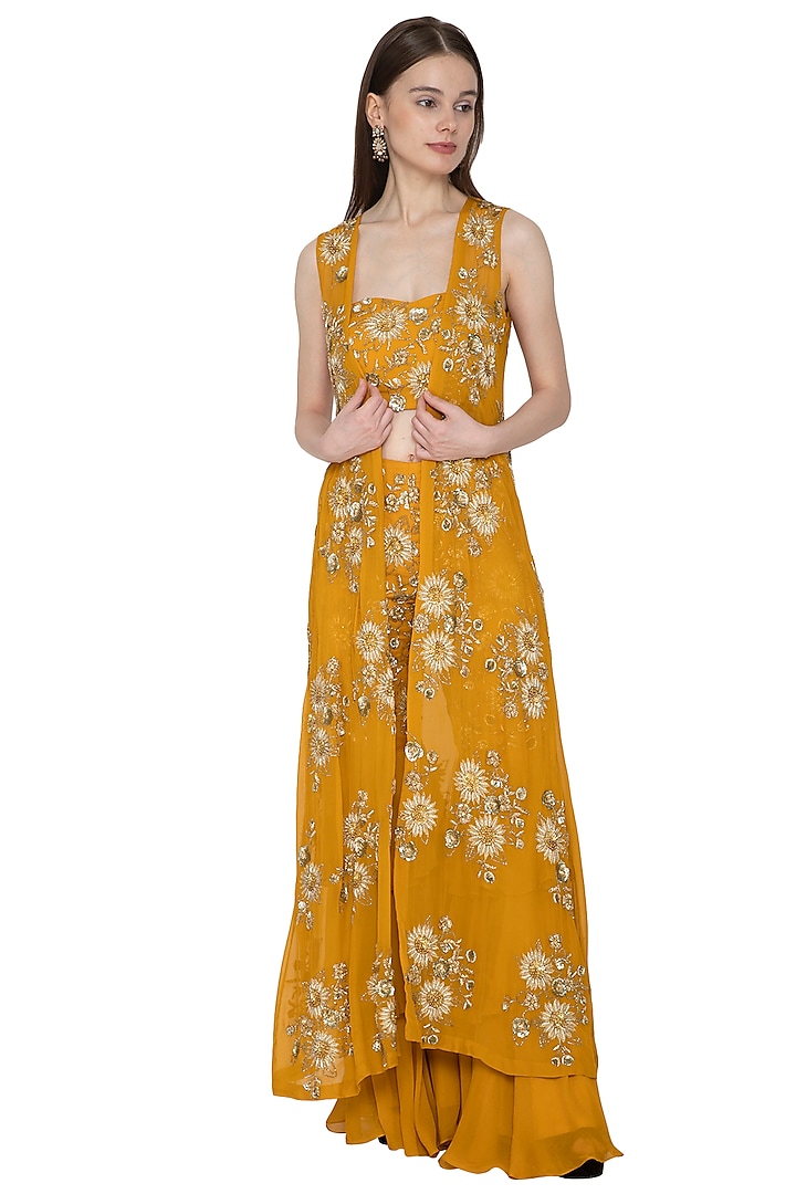 Mustard Embroidered Bustier & Sharara Set by Ank By Amrit Kaur