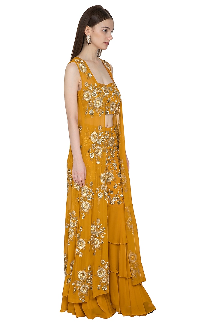 Mustard Embroidered Bustier & Wedding Sharara Set by Ank By Amrit Kaur at Pernia's Pop Up Shop