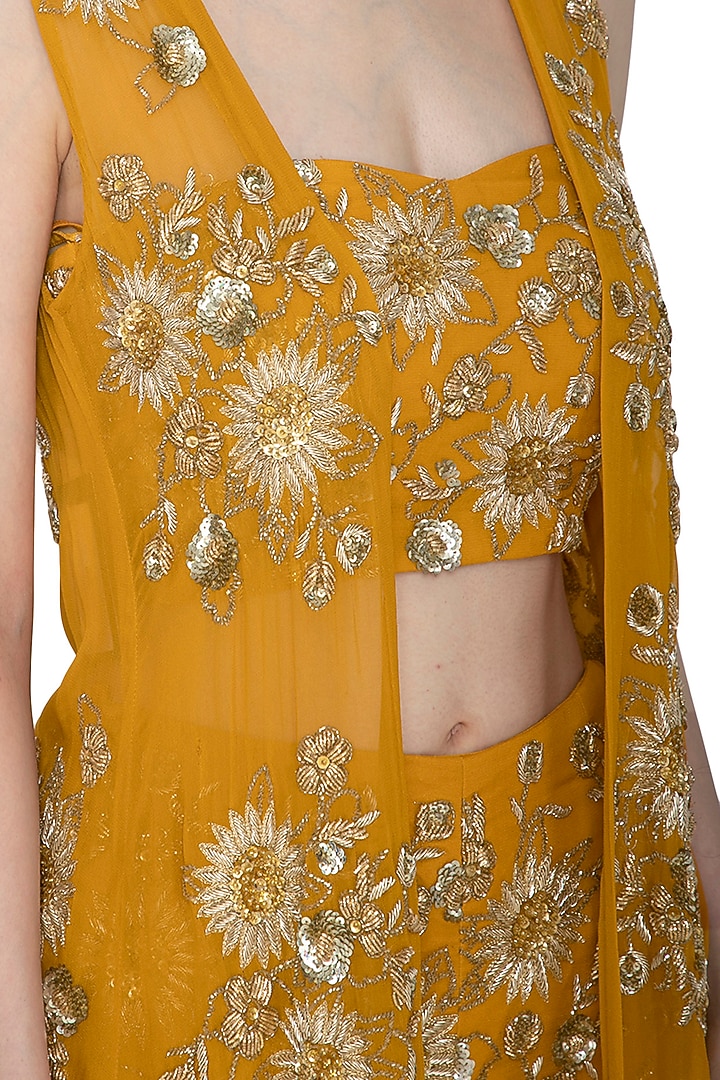 Mustard Embroidered Bustier & Wedding Sharara Set by Ank By Amrit Kaur at Pernia's Pop Up Shop