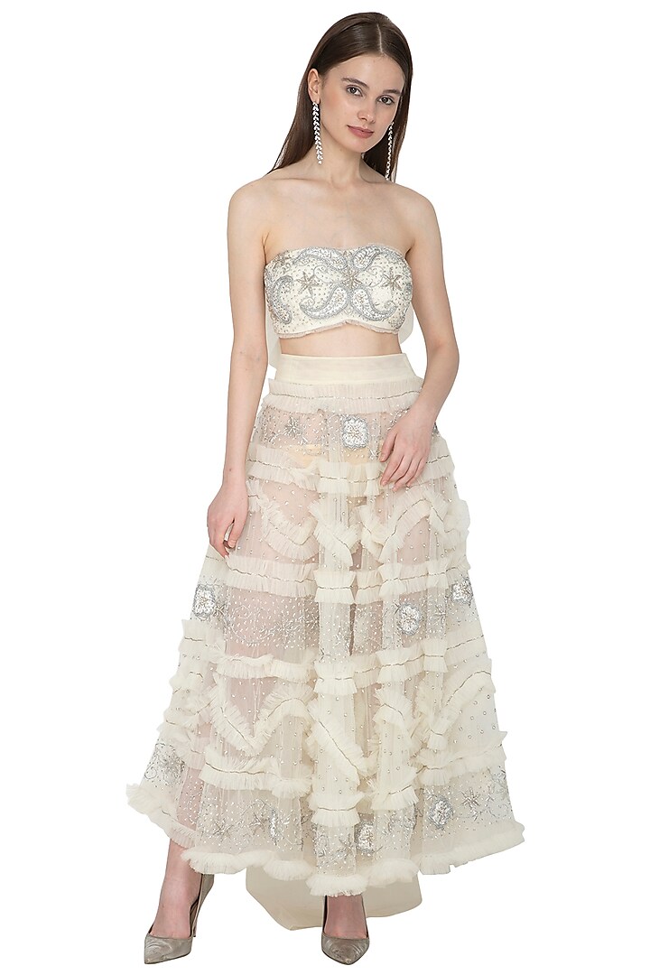 Silver & White Embroidered Bustier Blouse With Skirt by Ank By Amrit Kaur