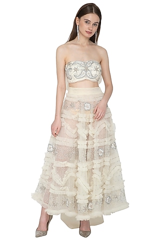 Silver & White Embroidered Bustier Blouse With Skirt by Ank By Amrit Kaur