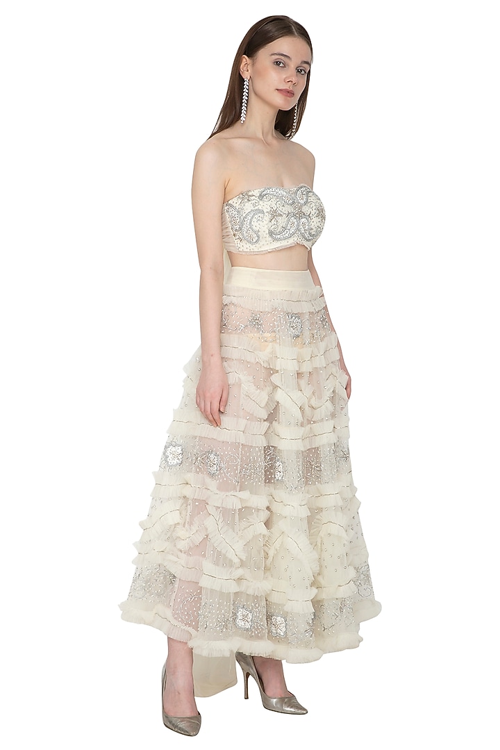 Silver & White Embroidered Bustier Blouse With Skirt by Ank By Amrit Kaur at Pernia's Pop Up Shop