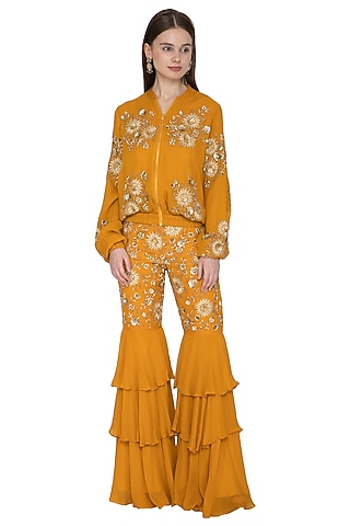 Mustard Embroidered Jacket & Sharara Set by Ank By Amrit Kaur