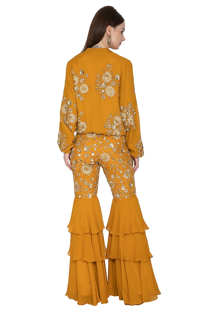 Mustard Embroidered Jacket & Wedding Sharara Set by Ank By Amrit Kaur at Pernia's Pop Up Shop
