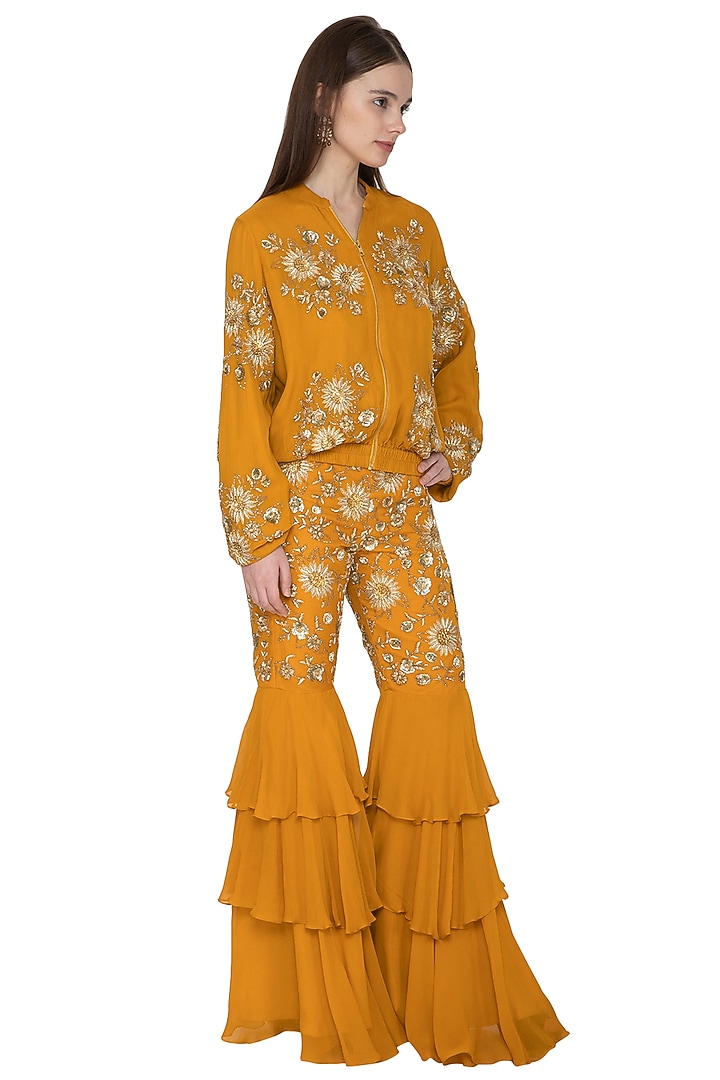 Mustard Embroidered Jacket & Wedding Sharara Set by Ank By Amrit Kaur at Pernia's Pop Up Shop