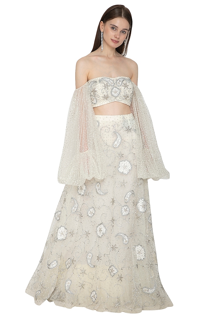 Silver Embroidered Bustier Blouse With Skirt by Ank By Amrit Kaur