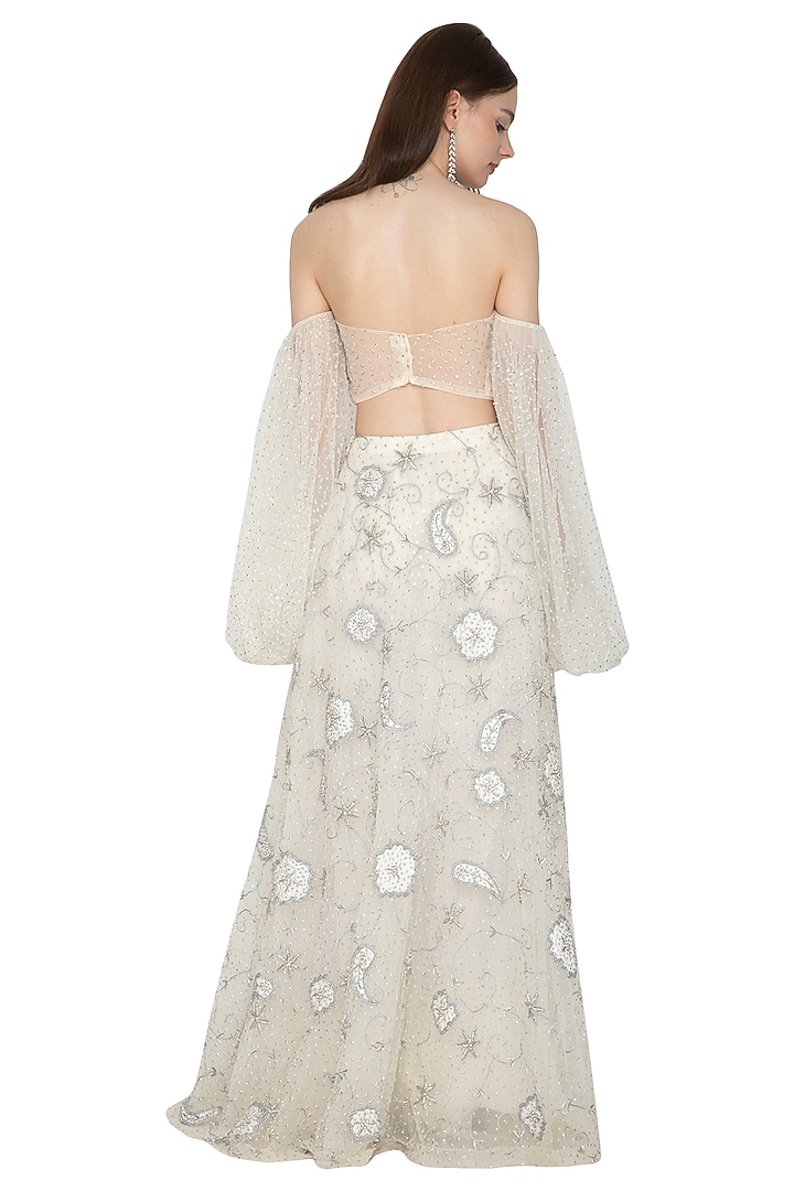 Silver Embroidered Bustier Blouse With Skirt by Ank By Amrit Kaur at Pernia's Pop Up Shop