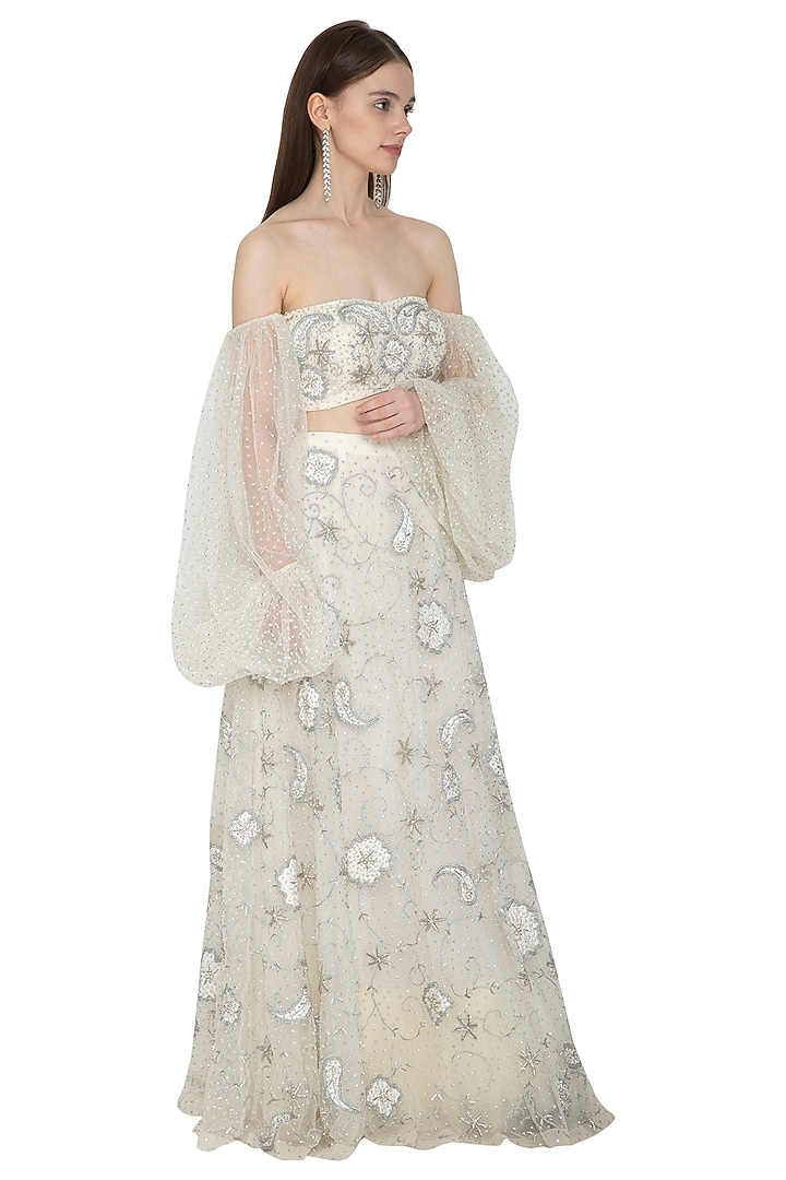 Silver Embroidered Bustier Blouse With Skirt by Ank By Amrit Kaur at Pernia's Pop Up Shop