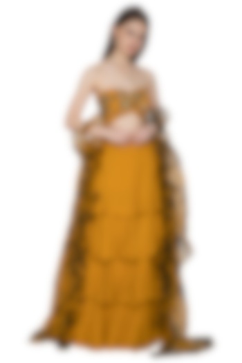 Mustard Tie-Dye Embroidered Lehenga Set by Ank By Amrit Kaur