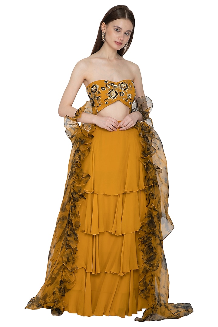 Mustard Tie-Dye Embroidered Lehenga Set by Ank By Amrit Kaur