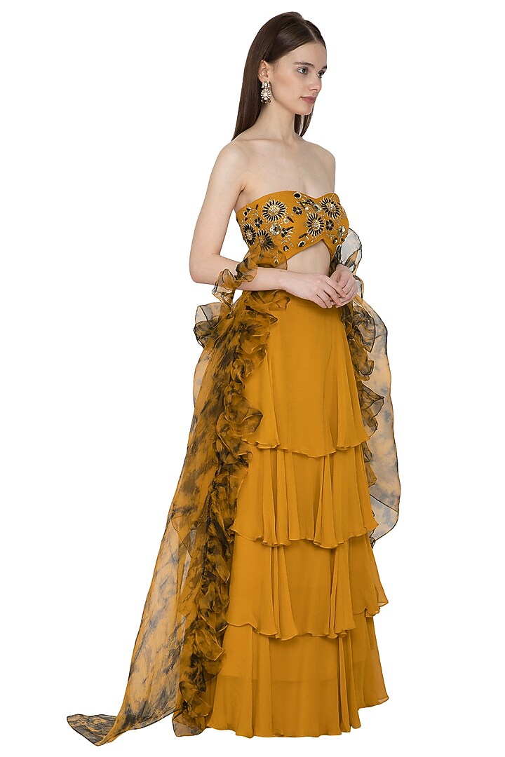 Mustard Tie-Dye Embroidered Wedding Lehenga Set by Ank By Amrit Kaur at Pernia's Pop Up Shop