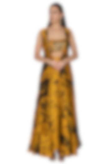 Mustard & Black Embroidered Tie-Dye Cape Lehenga Set by Ank By Amrit Kaur