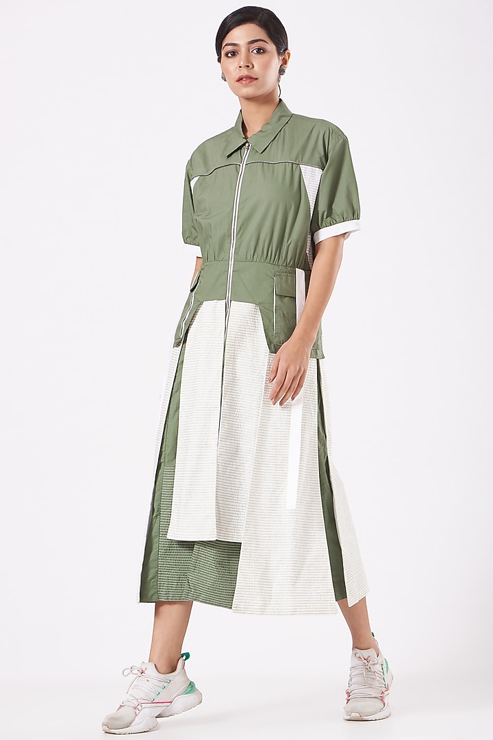 White & Olive Green Cotton Poplin Jacket Vacation Dress by Anurag Gupta at Pernia's Pop Up Shop