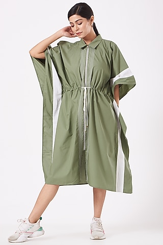 Olive Green Jacket Kaftan In Cotton Poplin by Anurag Gupta