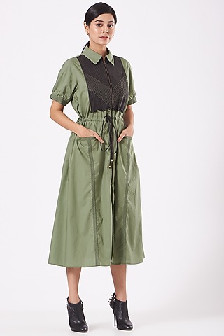 Olive Green Poplin Tunic Set by Anurag Gupta