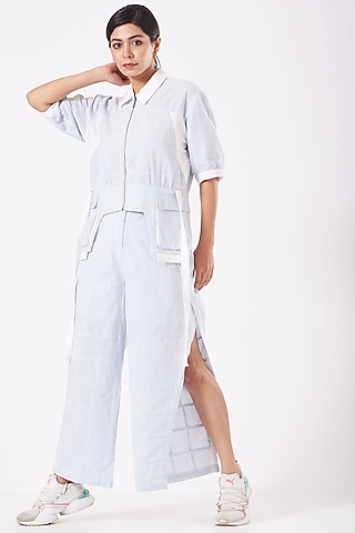 White & Light Blue Pant Set by Anurag Gupta