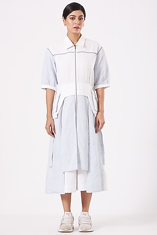 White & Light Blue Layered Jacket Dress by Anurag Gupta