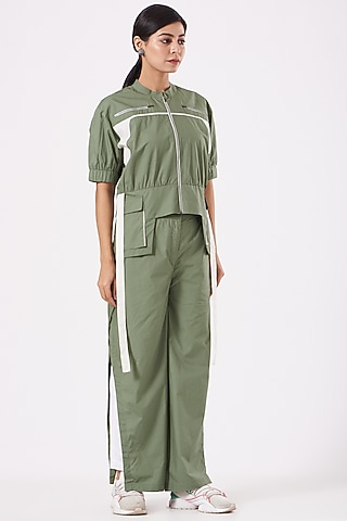 Olive Green Cotton Poplin Pant Set by Anurag Gupta