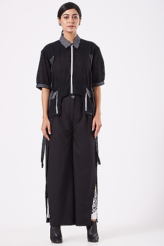 Black Poplin Pant Set by Anurag Gupta