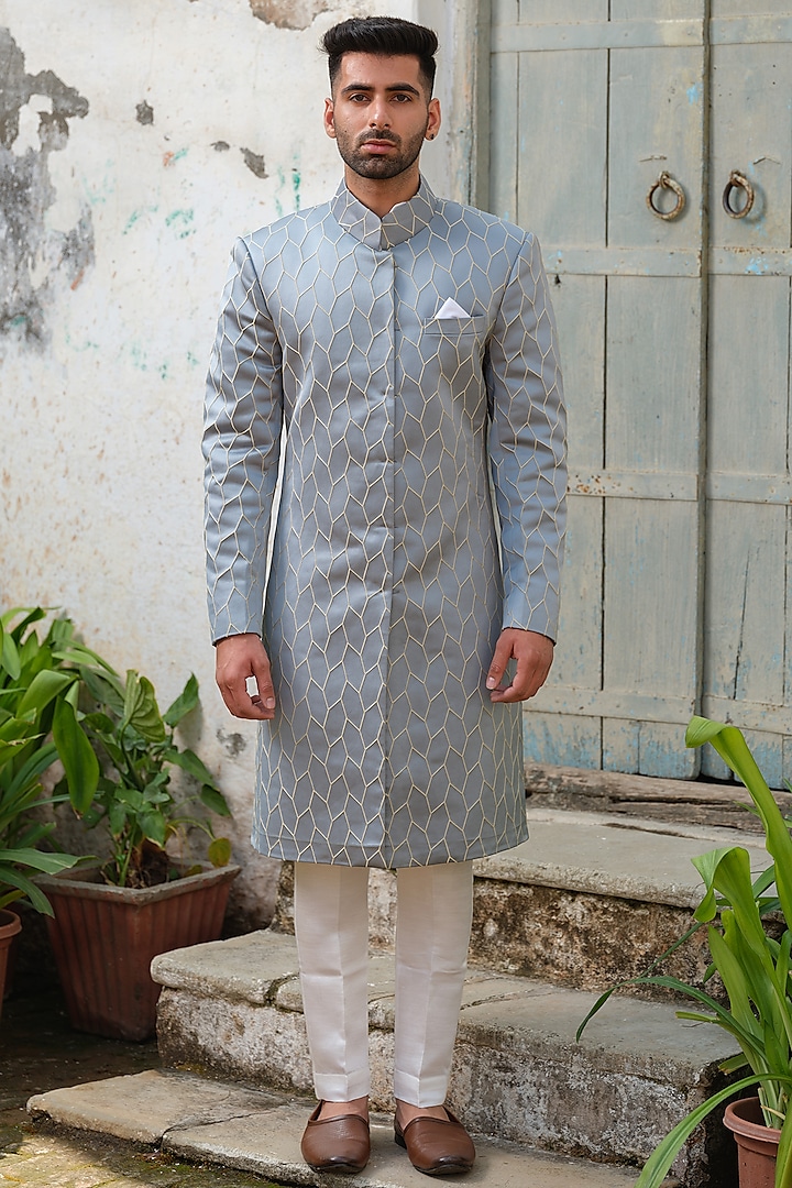 Light Blue Textured Fabric Embroidered Sherwani Set by Anuj and Rishina