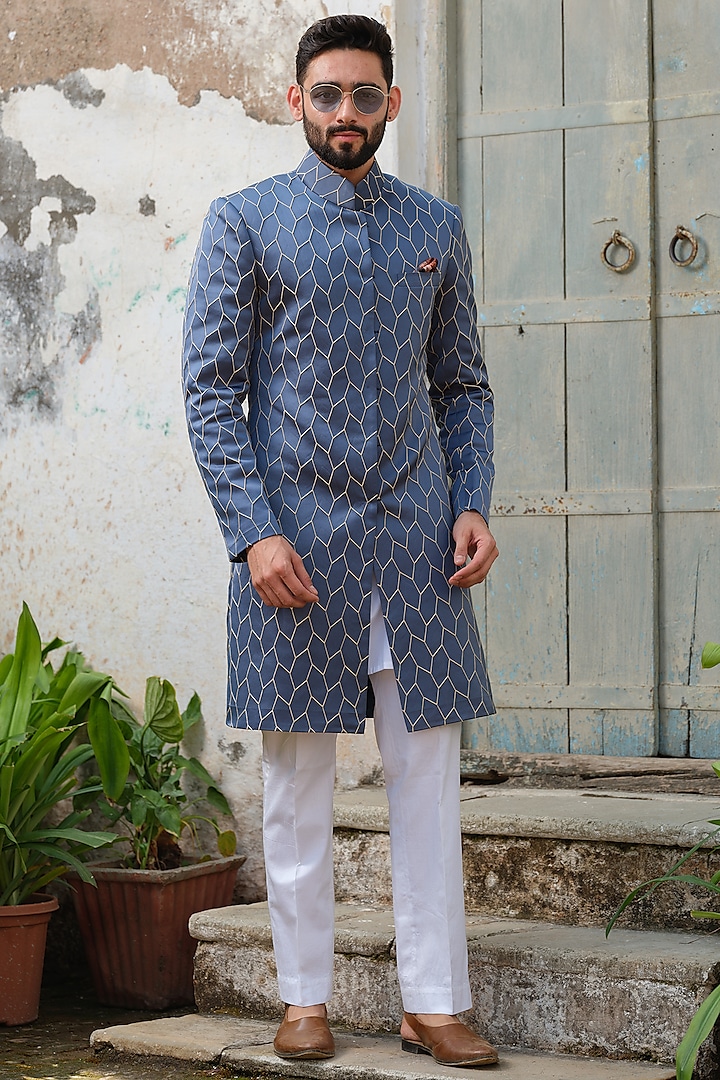 Indigo Blue Textured Fabric Embroidered Sherwani Set by Anuj and Rishina